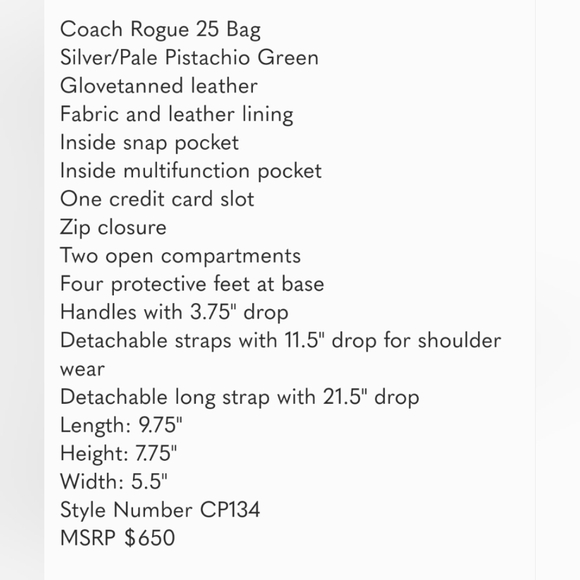 Brand New Authentic Coach Rogue 25 Pistachio! - Picture 9 of 9